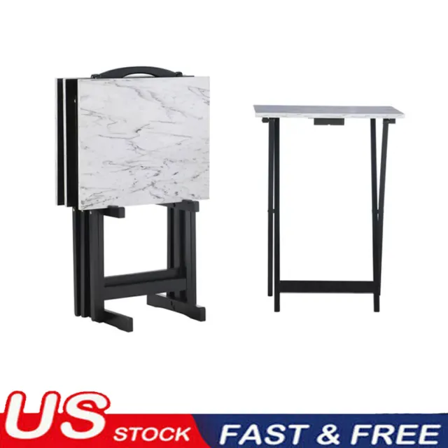 Marble TV/Snack Table Set Foldable Coordinating Stand Storage 20 lb Capacity US