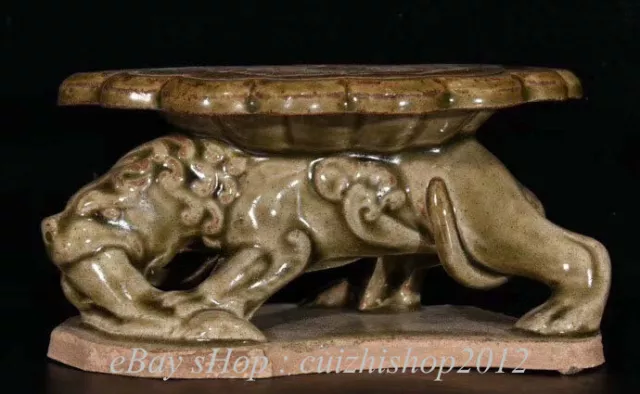 6" Old Chinese Song Dynasty Ru Kiln Porcelain Palace Lion Beast Pillow Sculpture