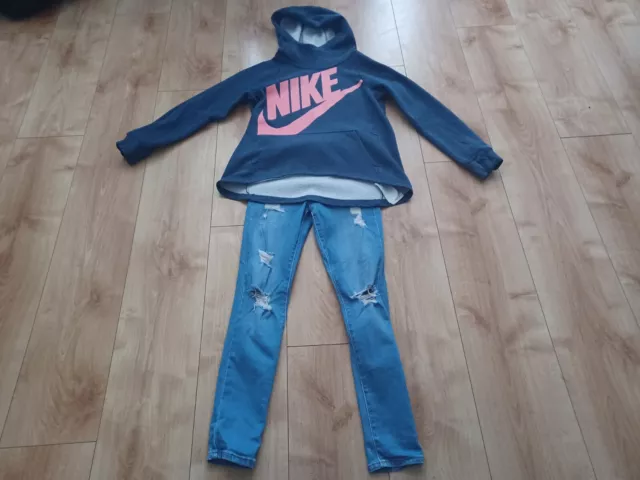 Girls Nike hoodie & river island  ripped skinny jeans set,age 10