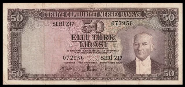 🇹🇷 TURKEY ATATURK 50 LIRA 1957 ,  P-165 Prefix : Z 17  BANKNOTE