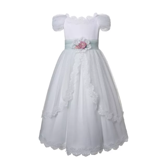 Pettigirl Vestido Comunión para Niñas Largo de Tul de Encaje con Faja Floral