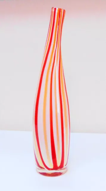 Vintage MCM Bent Neck Art Glass Stripe White Red Orange Vase L14"