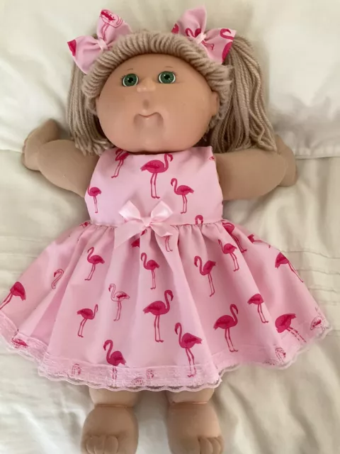 DOLLS CLOTHES - DRESS & BOWS  fit 16" CABBAGE PATCH : Pink Flamingos