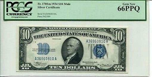 FR 1701m 1934 $10 Mule Silver Certificate 66 PPQ Gem New