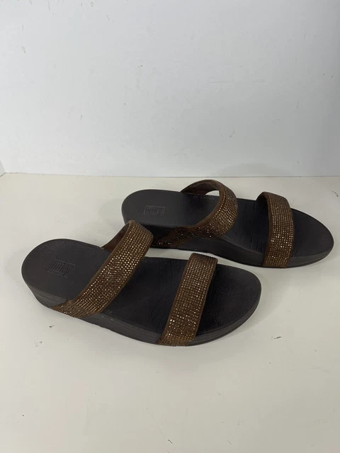 FitFlop Lottie Womens 9 Sandals Brown Slides Shimmer Rhinestone Slip-On Comfort