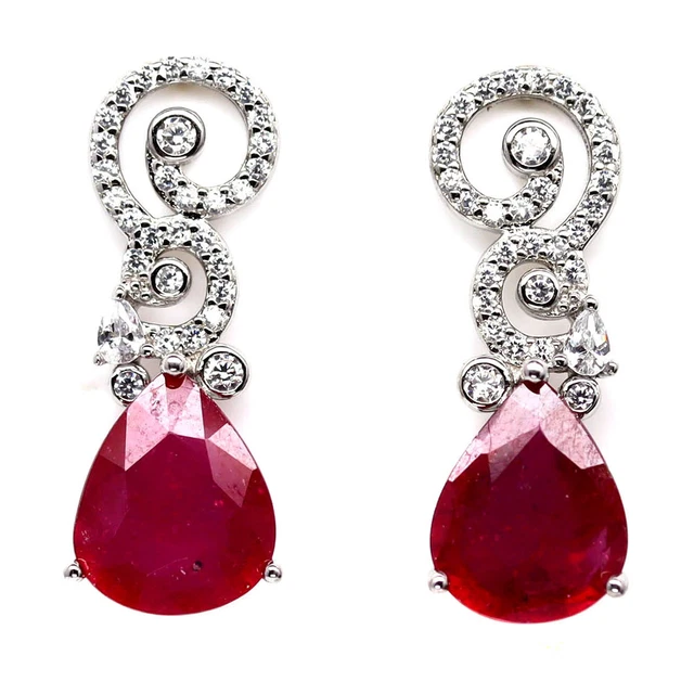 9 x 11 Mm. Rot Rubin & Cubic Zirkonia Ohrringe 925 Sterlingsilber