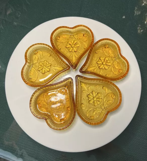 Vintage Indiana Glass Amber Tiara Heart Trinket Dish Set Of FIVE 3.5 in