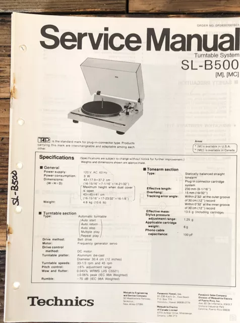 Technics SL-B500 Record Player / Turntable  Service Manual *Original*