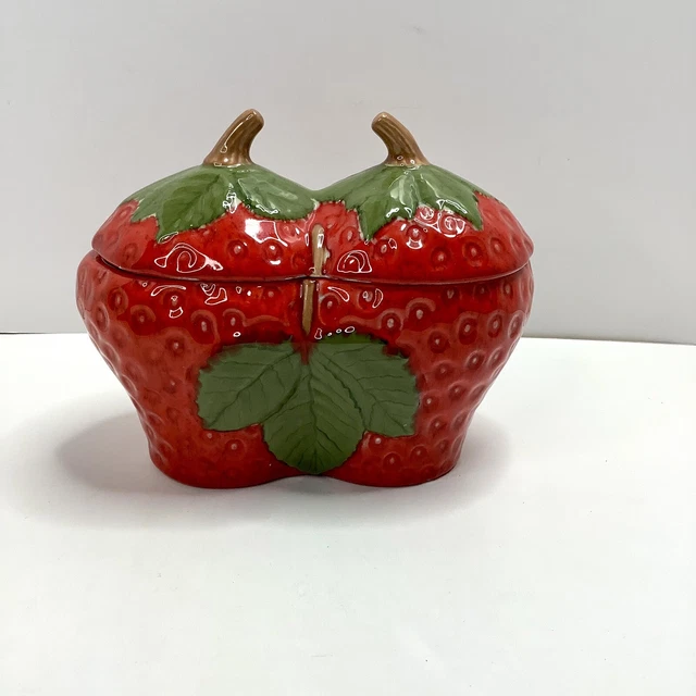 VINTAGE RED STRAWBERRY Jam Jelly Jar with Lid Sugar Bowl Ceramic Hand
