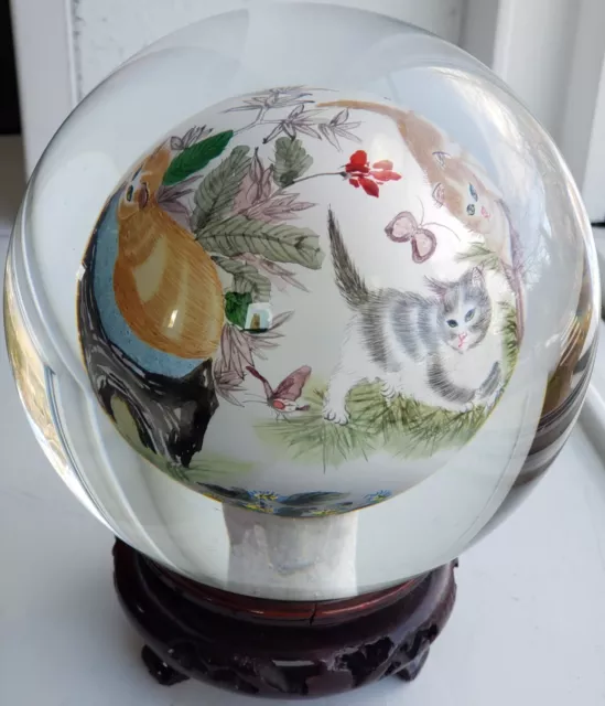 Chinese Reverse Art Glass Hand Painted Globe Ball Cats Butterflies 4.5" & Stand