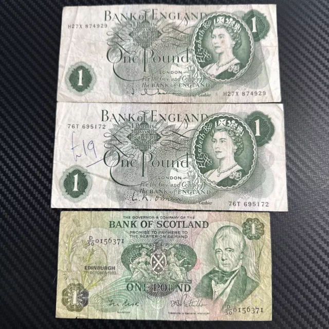 job lot Banknotes 2 English £1 Notes & 1 Scotland £1 Note