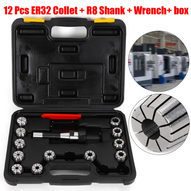 R8 Shank ER32 Spring Collet Chuck w/ 12Pcs Collets Set 3/32"-3/4" & 1 PC Wrench