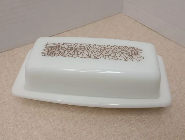 Vintage Pyrex Butter Dish White Woodland Pattern Milk Glass Retro Kitchen Decor