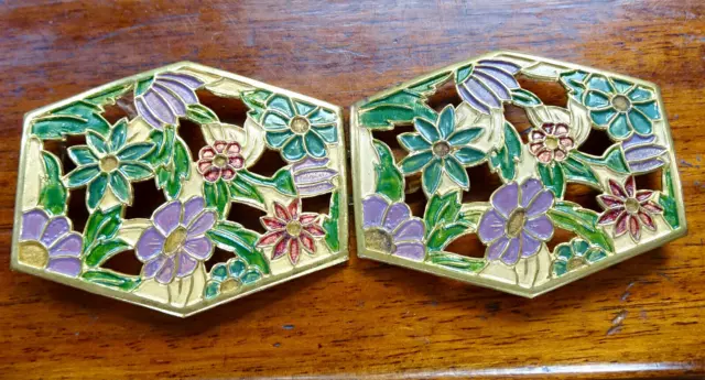 antique art deco multi colour purple enamel flower double dress belt buckle -272