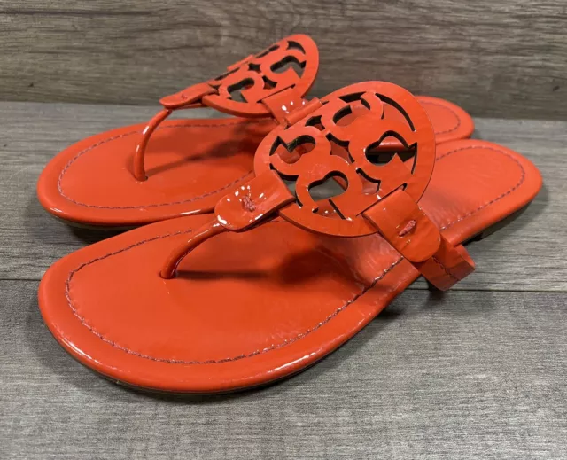 TORY BURCH MILLER Patent Leather Logo Orange Flat Sandals Womens Size 8 ...