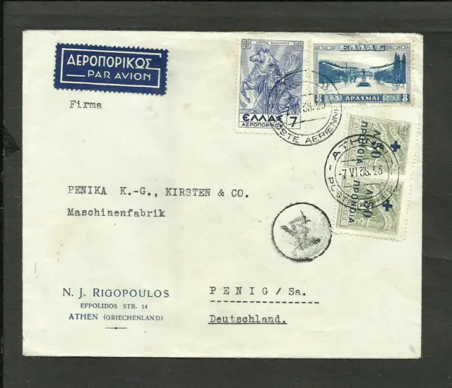 Greece To Germany Air Mail Cover 1938 W/Local Mark, Vf