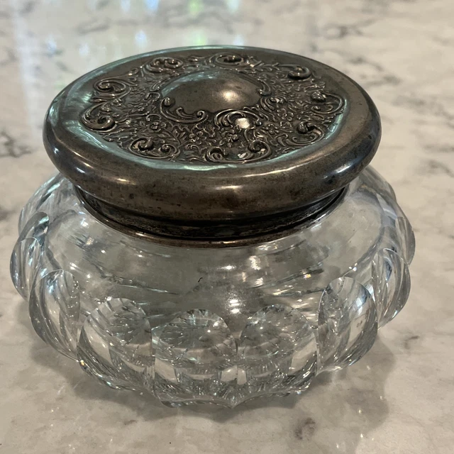 Large 5 1/4” Late 1800’s Dresser Makeup Powder Jar W Sterling Lid Large 5 1/4” Late 1800’s Dresser Makeup Powder Jar W Sterling Lid