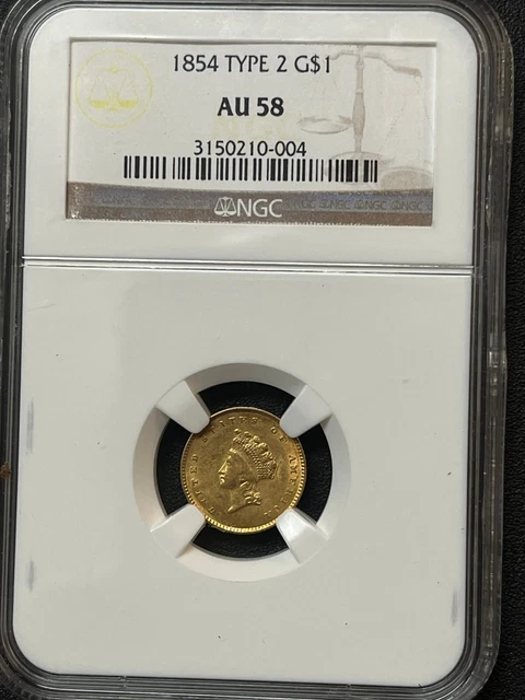 1854 $1 Dollar Gold Coin Type 2- AU 58