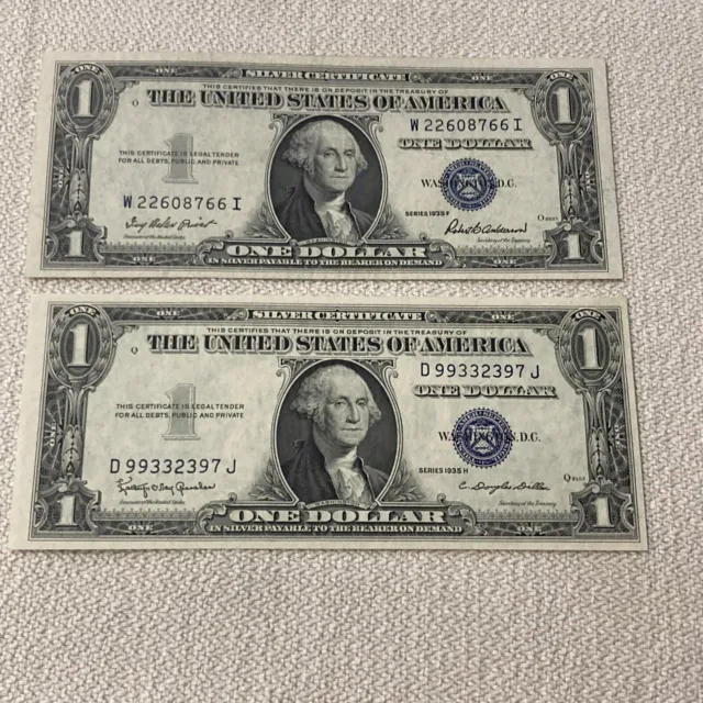 Lot Of 2 1935 F,H $1 Blue Seal Silver Certificate Uncirculated Crisp