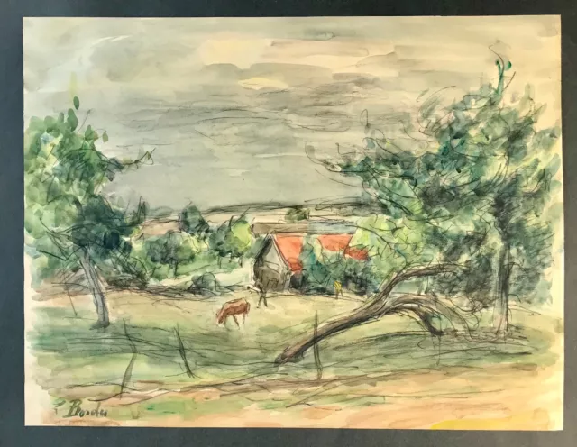 Aquarelle Léonard BORDES "La ferme Normande" signée