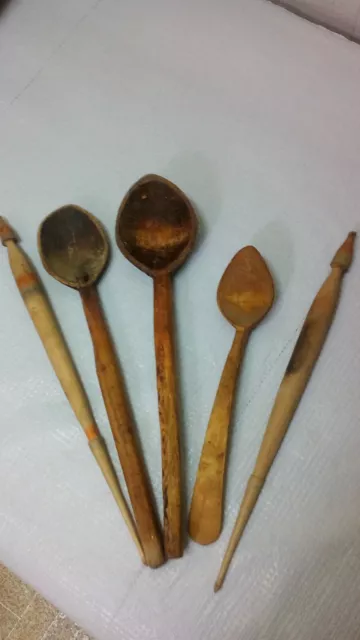 Antique Primitive Old Wooden Spoons set 3 & wooden wool spindles - lot 2