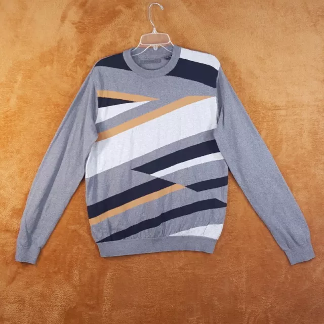 SEAN JOHN Mens Sweater Large Gray Pullover Stripe Colorblock 100% Cotton Knit