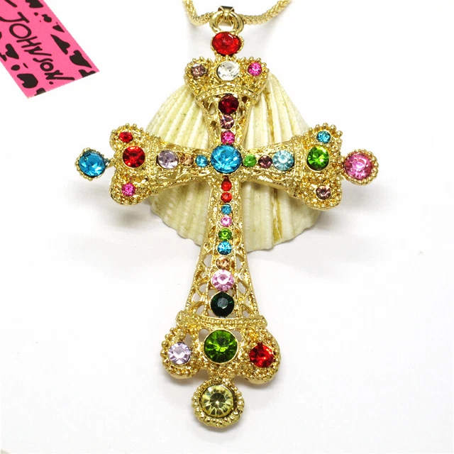 New Betsey Johnso Color Bling Jesus Prayer Cross Crystal Pendant Women Necklace