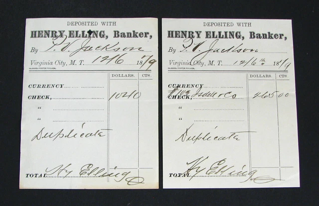 #4 - neat! 2 old 1879 VIRGINIA CITY MONTANA TERRITORY Bank Slips HENRY ELLING