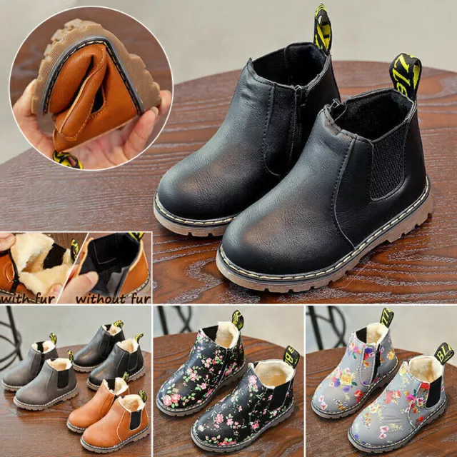 Kids Ankle Boots Girls Boys Winter Warm Chelsea Fur Lined Snow Boots Shoes Size