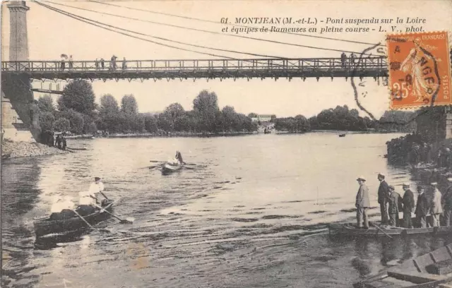 Cpa 49 Montjean Pont Suspendu Sur La Loire Et Equipes De Rameuses En Pleine Cour