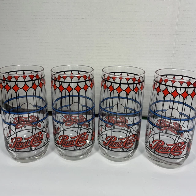 Vintage Pepsi Cola 1970's Tiffany Style Glasses Stained Glass Set of 4 Glasses