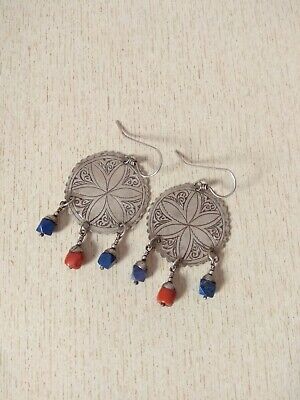 Moroccan Silver Berber Earrings, with Old Coral and Natural Lapis lazuli
