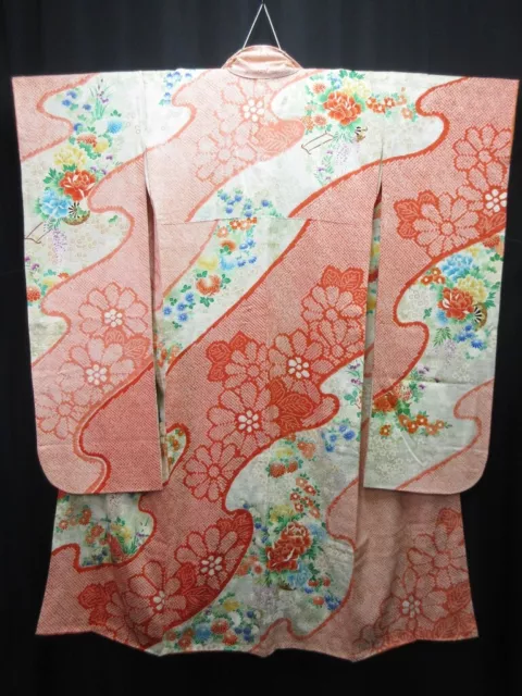 7483 Silk Japanese Kimono Furisode Shibori Peony Kiku Fuji Ume Bellflower Tall