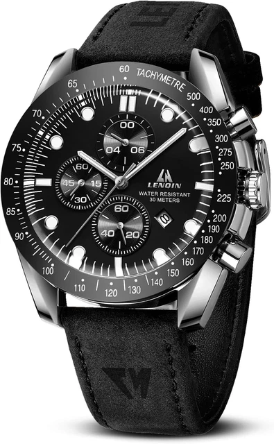 CZOKA Orologio Uomo Cronografo Al Quarzo Giapponese - Cinturino In Pelle, Impermeabile 3ATM, Quadrante Nero Con Anello In Legno