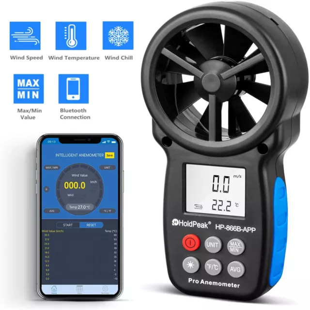 HoldPeak Digital Anemometer Wind Speed Gauge Meter Temperature Bluetooth Connect