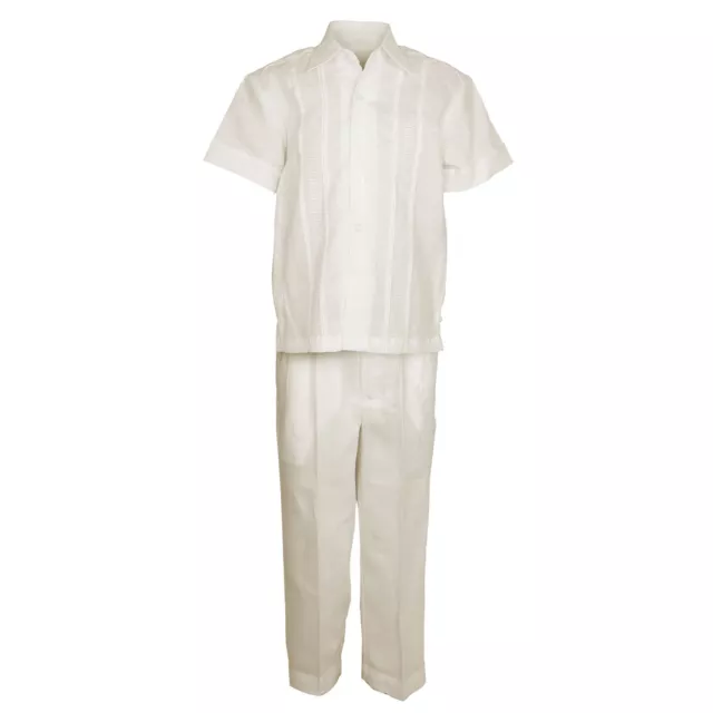 Boys Ivory 100% Linen Set 3823-IVO- Guayabera Embroidered Shirt & Pant 4 to 18