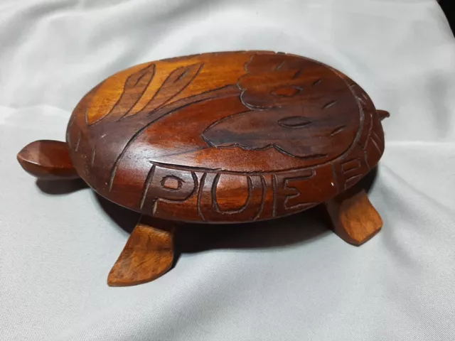 Vtg 1970s Hand Carved Wooden Turtle Trinket Jewelry Box 6.5" x 3.5" Puerto Rico