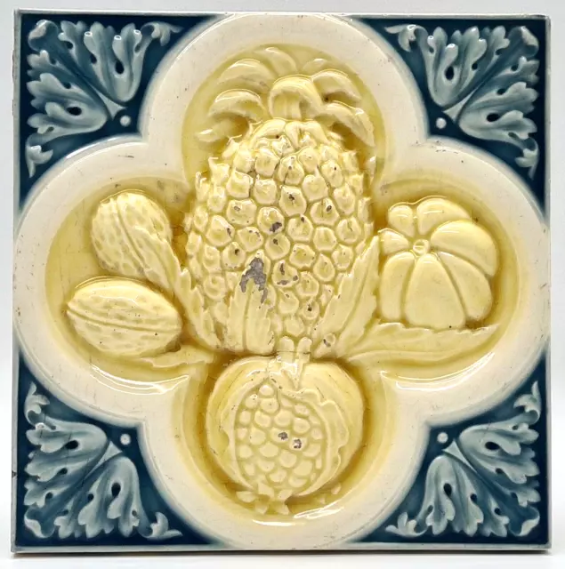 Minton Hollins & Co Embossed Fruit Majolica Tile C1890