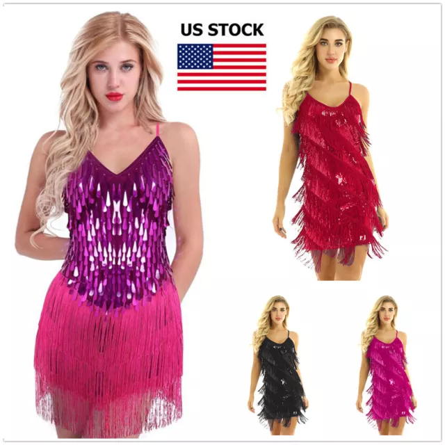 US Womens Dress Sparkling Sequin Fringed Tassels Party Tango Latin Dance-wear