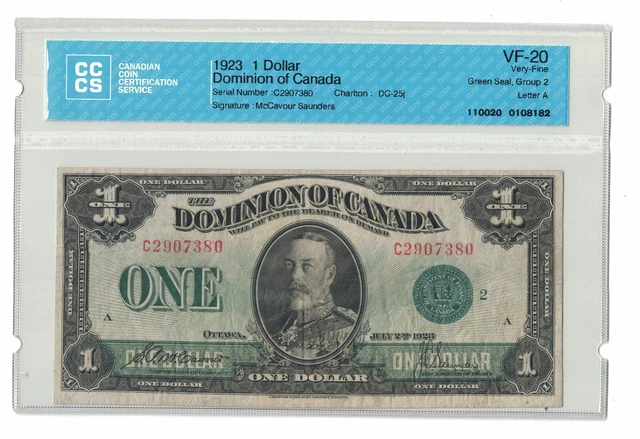 Dominion of Canada 1923 $1 Certified CCCS VF-20 serial C2907380