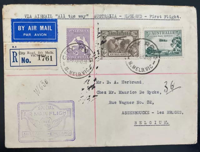 1931 Melbourne Australia All The Way Flight Airmail Cover To Bruges Belgium