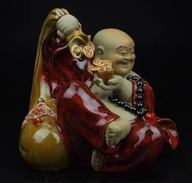 China Pottery Wucai Porcelain Happy Maitreya Buddha Yuanbao Wealth Money Statue