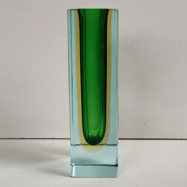 Murano Sommerso Glass Block Vase Green Yellow - 15CM X 4.5CM - Bud Vase Chipped