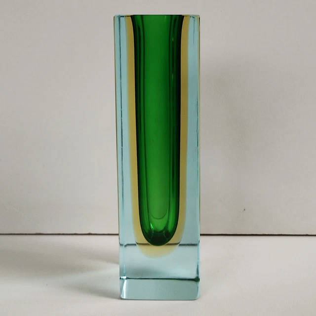 Murano Sommerso Glass Block Vase Green Yellow - 15CM X 4.5CM - Bud Vase Chipped
