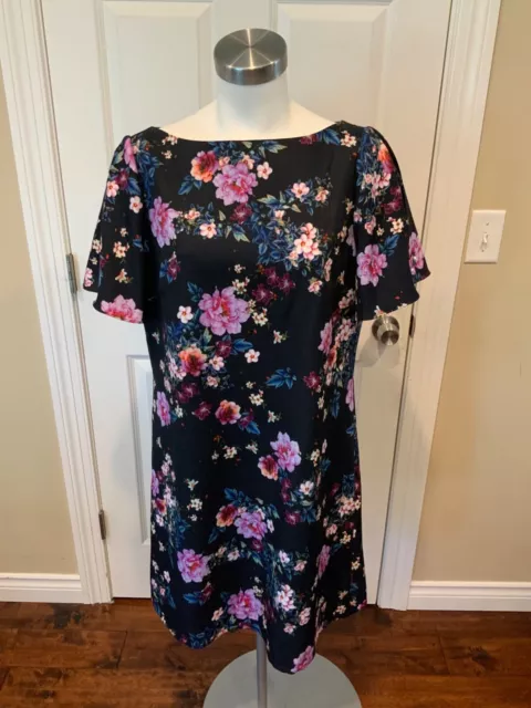 Tahari Arthur S. Levine Black Floral Shift Dress W/Flutter Sleeves, Size 10