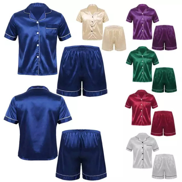 Men‘s Silk Satin Pajamas Set PLUS SIZE sleepwear Nightwear 2 Piece Shirt Shorts