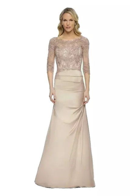 La Femme Champagne  Embroidered Bodice Ruched Satin Trumpet Gown Size 6 $598