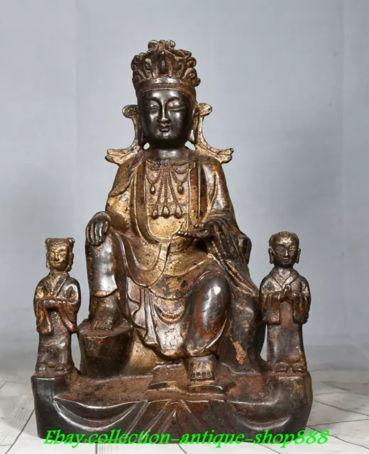 9.4" Old Chinese Buddhism Bronze Gilt Seat Guanyin Kwan-Yin Buddha Tongzi Statue