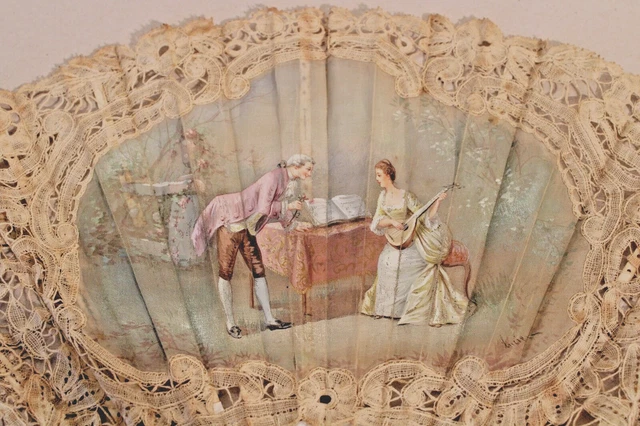Joli Éventail dentelles et nacre, signé LUCIEN " La lecon de musique" Handfächer