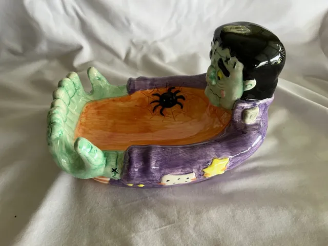 Frankenstein Halloween Ceramic Candy Dish 1994 w/ Box Orange Purple Green Black